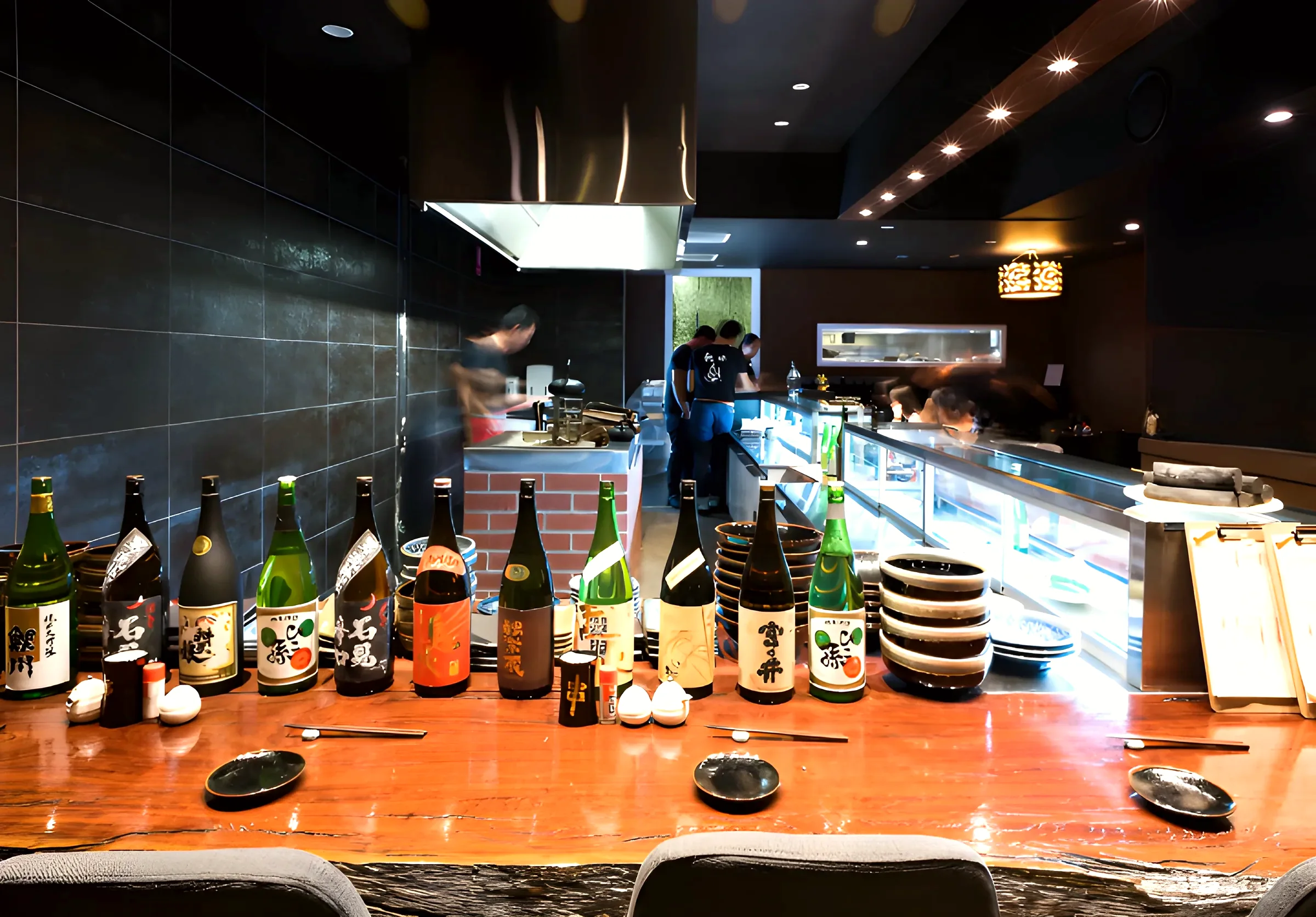 The bar counter at TUNO, sake bottles lined along the timber, chefs working at the open pass behind